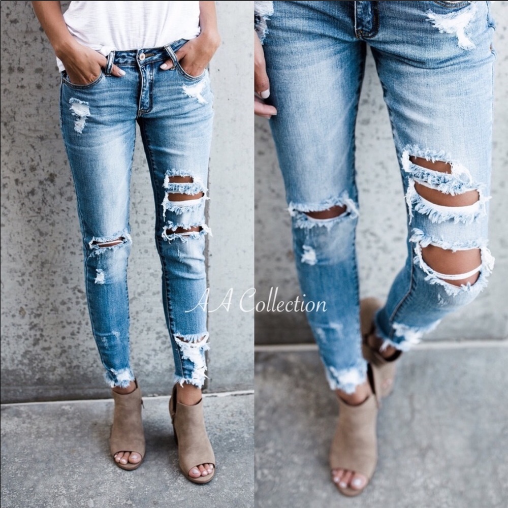 Distressed Jeans Denim Ripped Frayed Pants NEW - Picture 3 of 8